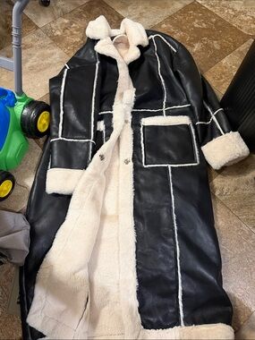 Black and Cream Faux Shearling Long Coat